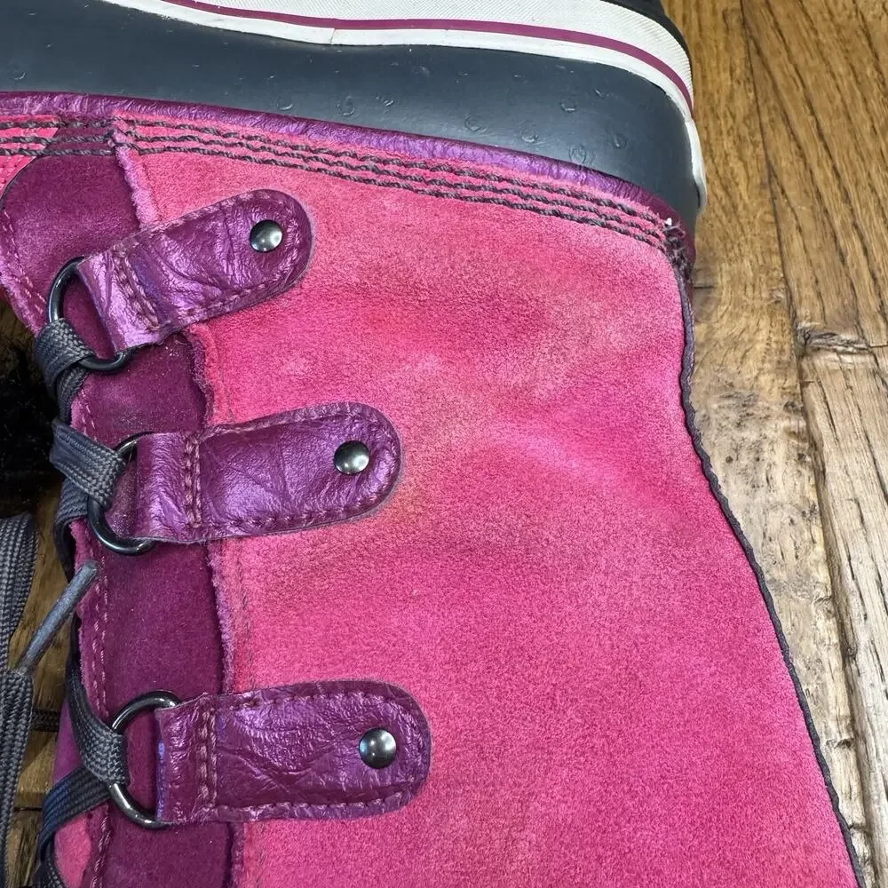 Girls Sorel Pink Suede Snow Boots Tofino Muck Funky Faux Fur Trim Size 3 Youth